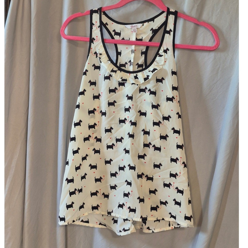 Candies Womens XS White Scotty Dog Print Ruffle Racerback Tank Top Sleeveless